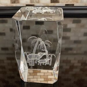 Laser Cut Heavy Glass Cube Paper Weight 3D Etched Elephants & Palm Trees